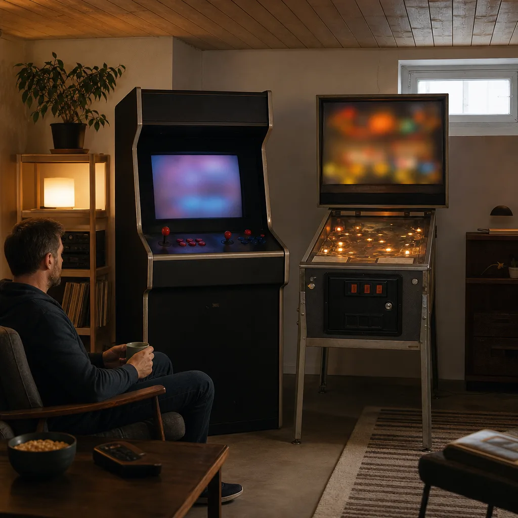 Ett hemmaspelrum med en golvstående arkadmaskin och ett flipperspel sida vid sida