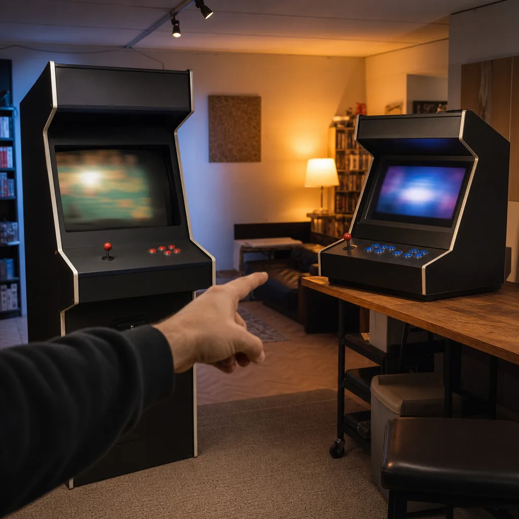 Jämförelse mellan en golvstående arkadmaskin och en bartop-arkad sida vid sida i ett spelrum