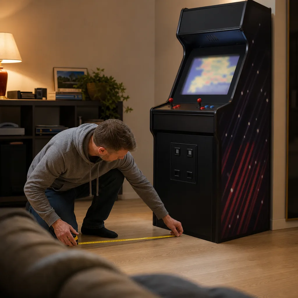 Golvstående arkadmaskin i ett svenskt vardagsrum med två joysticks synliga på kontrollpanelen