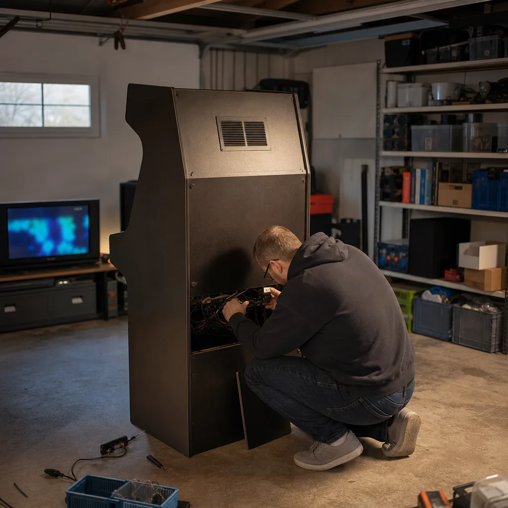 Tomt arkadskåp med öppen kontrollpanel och synlig elektronik under montering
