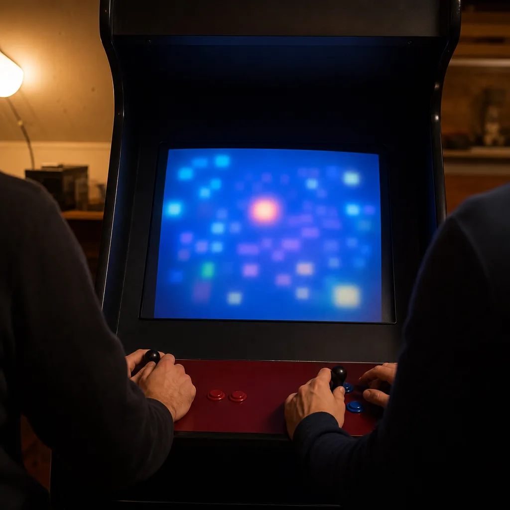 Två handkontroller framför en TV under en pågående tvåspelaromgång i ett arkadspel