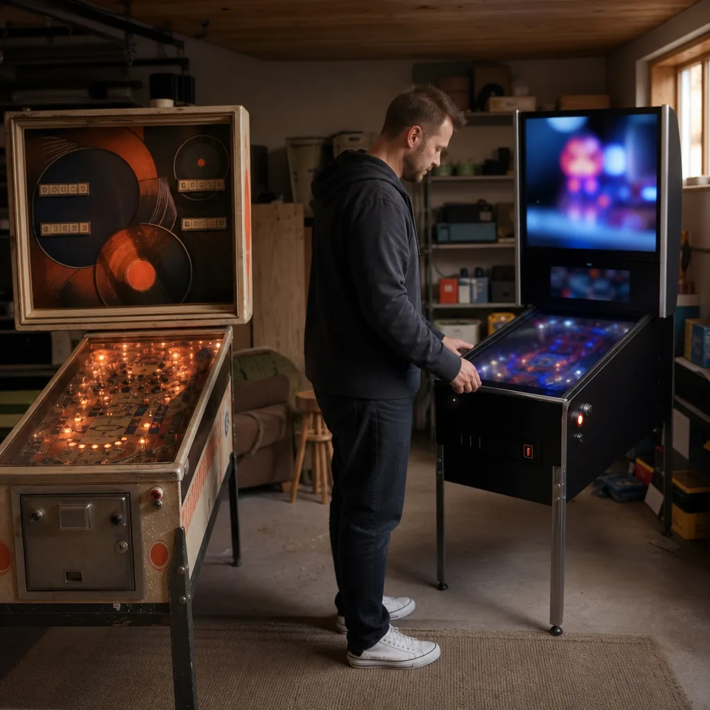 Ett mekaniskt flipperspel och en digital pinballskärm uppställda bredvid varandra i ett spelrum