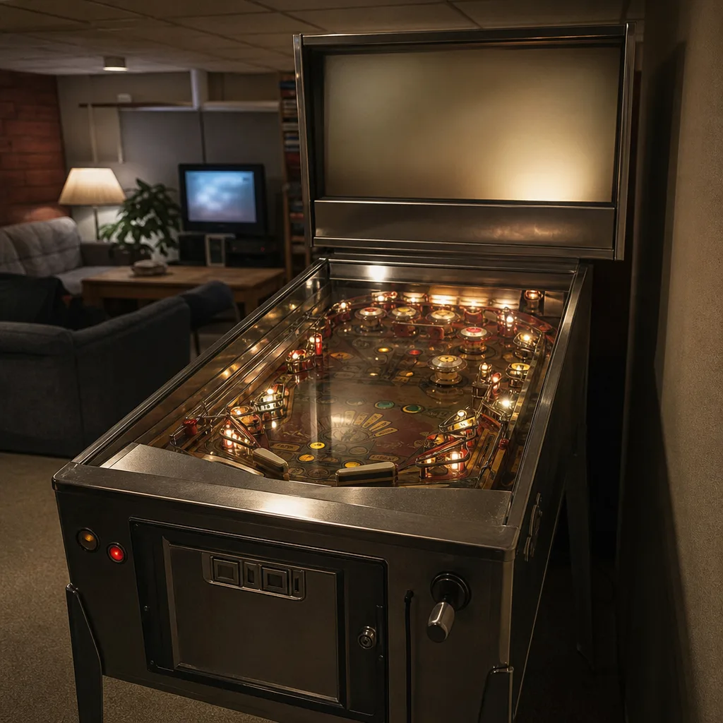 Mekaniskt flipperspel med belyst spelplan och synliga flipperspakar i ett spelrum