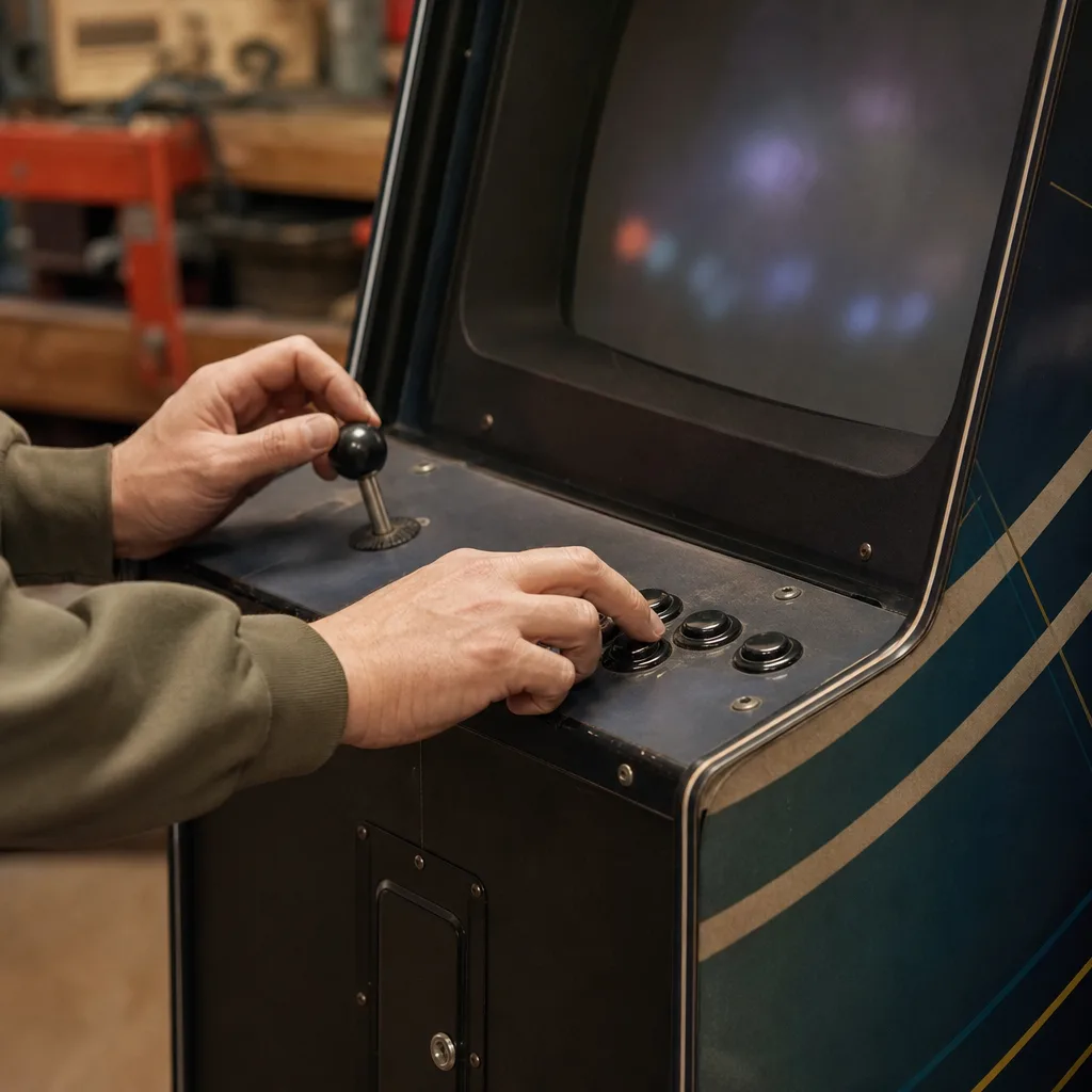 En köpare provtestar joystick och knappar på en begagnad arkadmaskin i ett garage