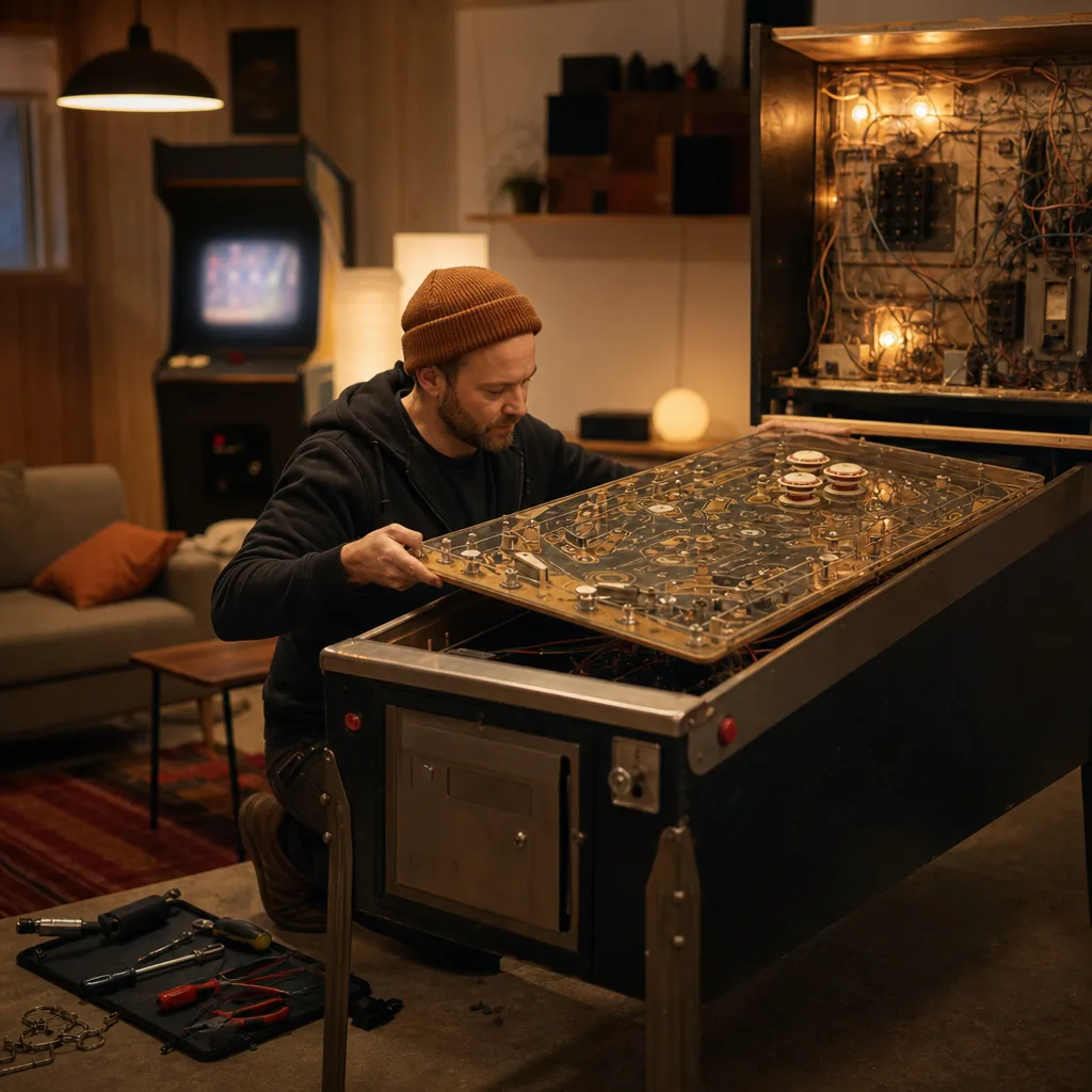 En köpare lutar sig över spelplanen på ett begagnat flipperspel med en ficklampa i handen