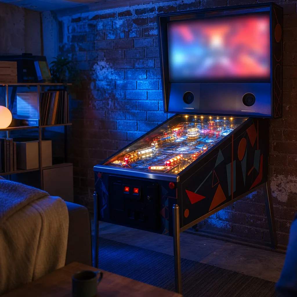 Digitalt flipperkabinett med stor spelplansskärm och separat bakglas i ett spelrum