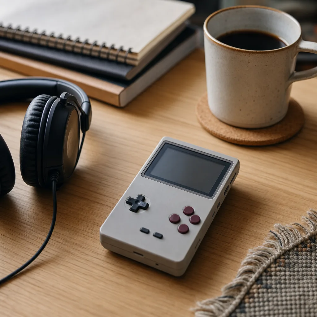 Liten handhållen retrokonsol med styrkors och två analoga styrspakar