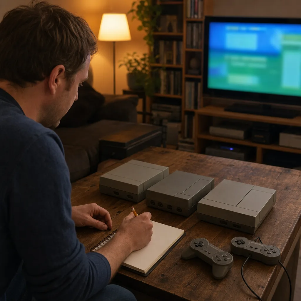 Två handkontroller och en retrokonsol framför en tv i ett ombonat vardagsrum