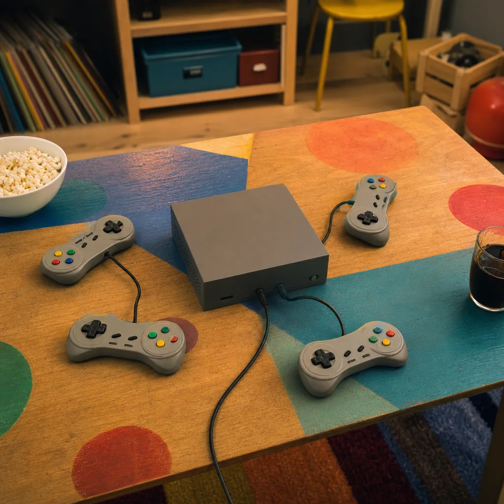 Lila GameCube-konsol med handkontroll på ett tv-bänk