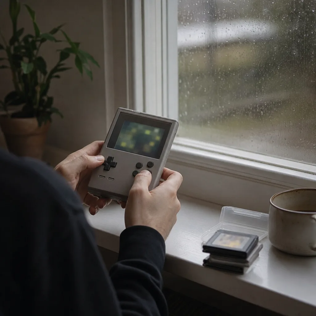 Handhållen retrokonsol med styrspakar i en hand