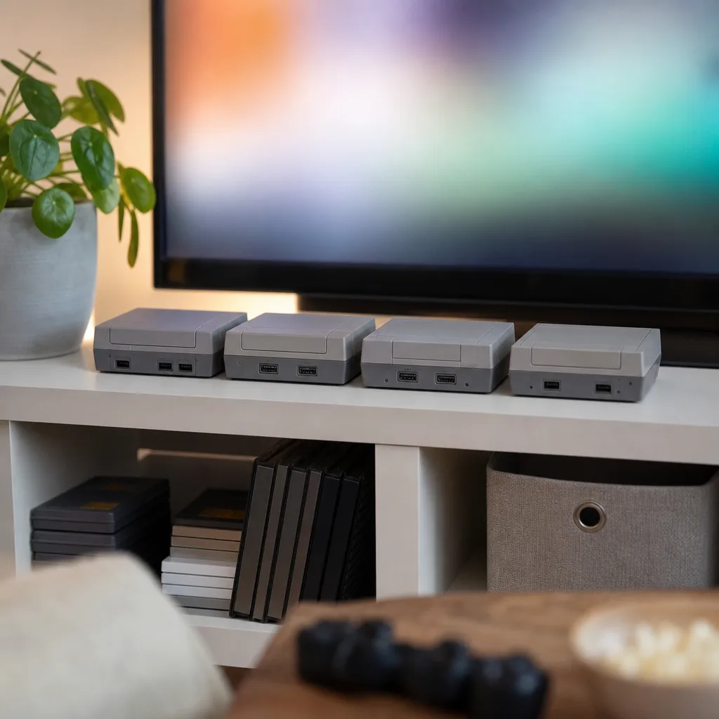 Liten retrokonsol i miniformat med handkontroll framför en TV