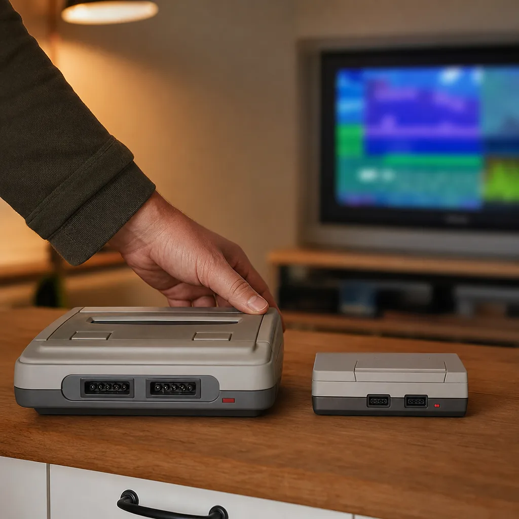 En liten minikonsol och en större originalkonsol sida vid sida framför en tv