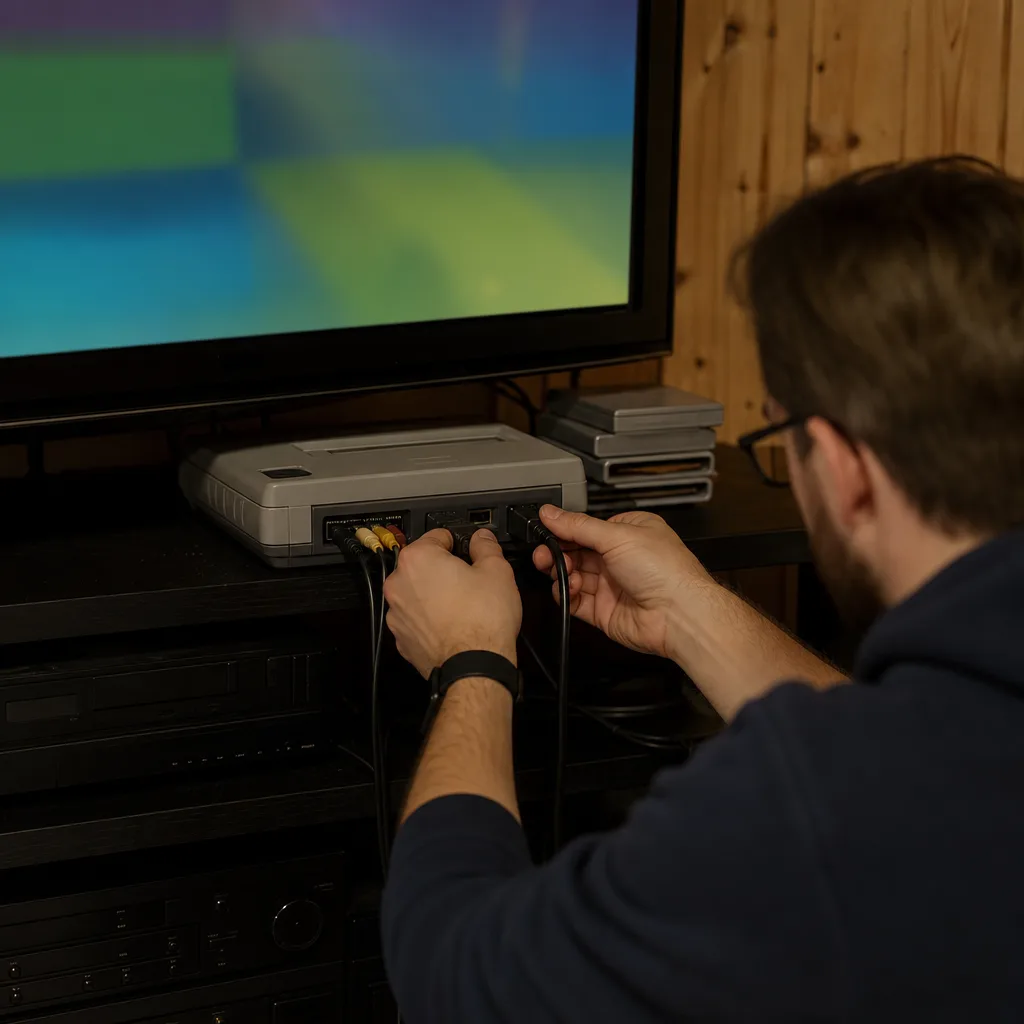 En ljusgrå nittiotalskonsol med två handkontroller på ett vardagsrumsbord