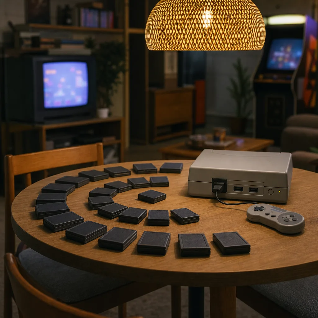 Spelfodral i en hög bredvid en kubformad retrokonsol, redo för en spelkväll