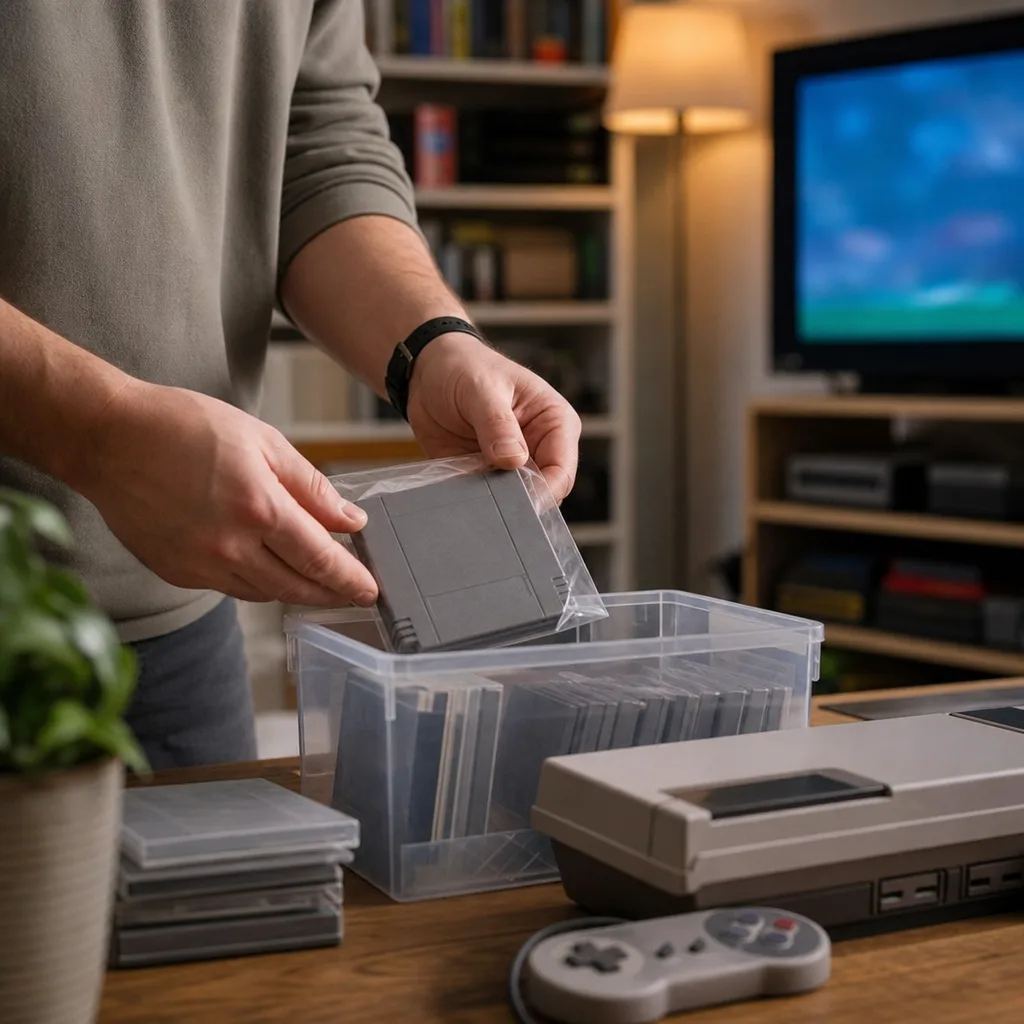 Ett spel i skyddsfodral placeras försiktigt i en genomskinlig box på ett samlarbord