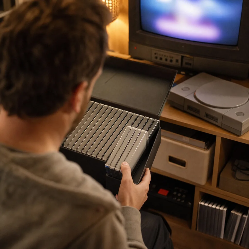 En öppen låda med spelskivor i fodral bredvid en PS1-konsol