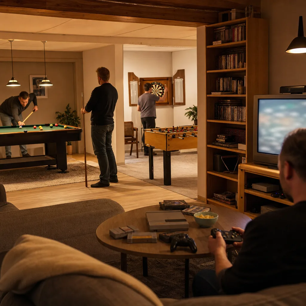 Biljardbord, shuffleboard och bordfotboll i en ljus nordisk spelkällare