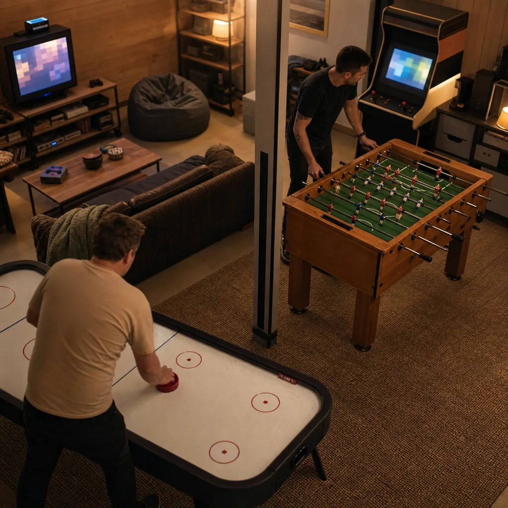 Ett airhockeybord och ett bordfotbollsspel i samma svenska gillestuga