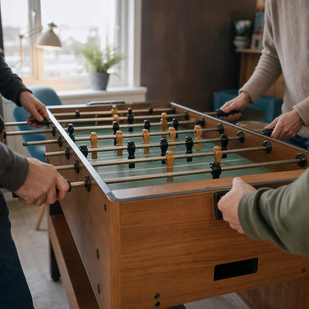 Bordfotbollsbord med gula och röda spelare i ett ljust spelrum