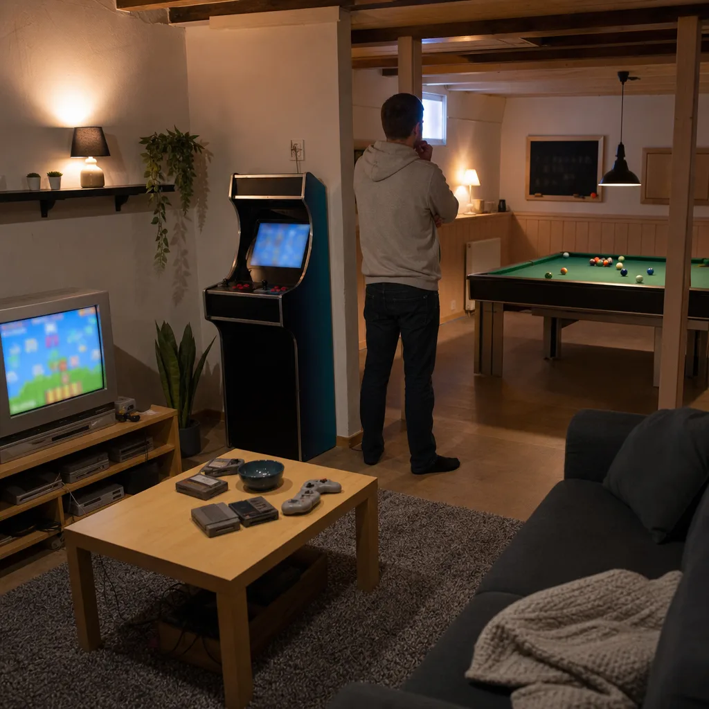Ett kombinationsbord med flera spel bredvid ett enskilt biljardbord i ett spelrum