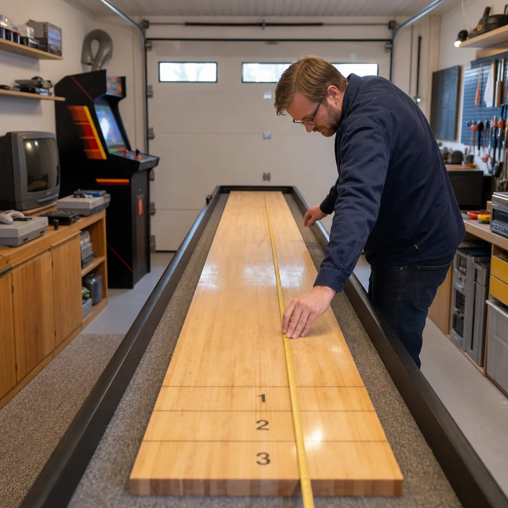 En person mäter längden på ett shuffleboardbord med tumstock i ett ljust garage