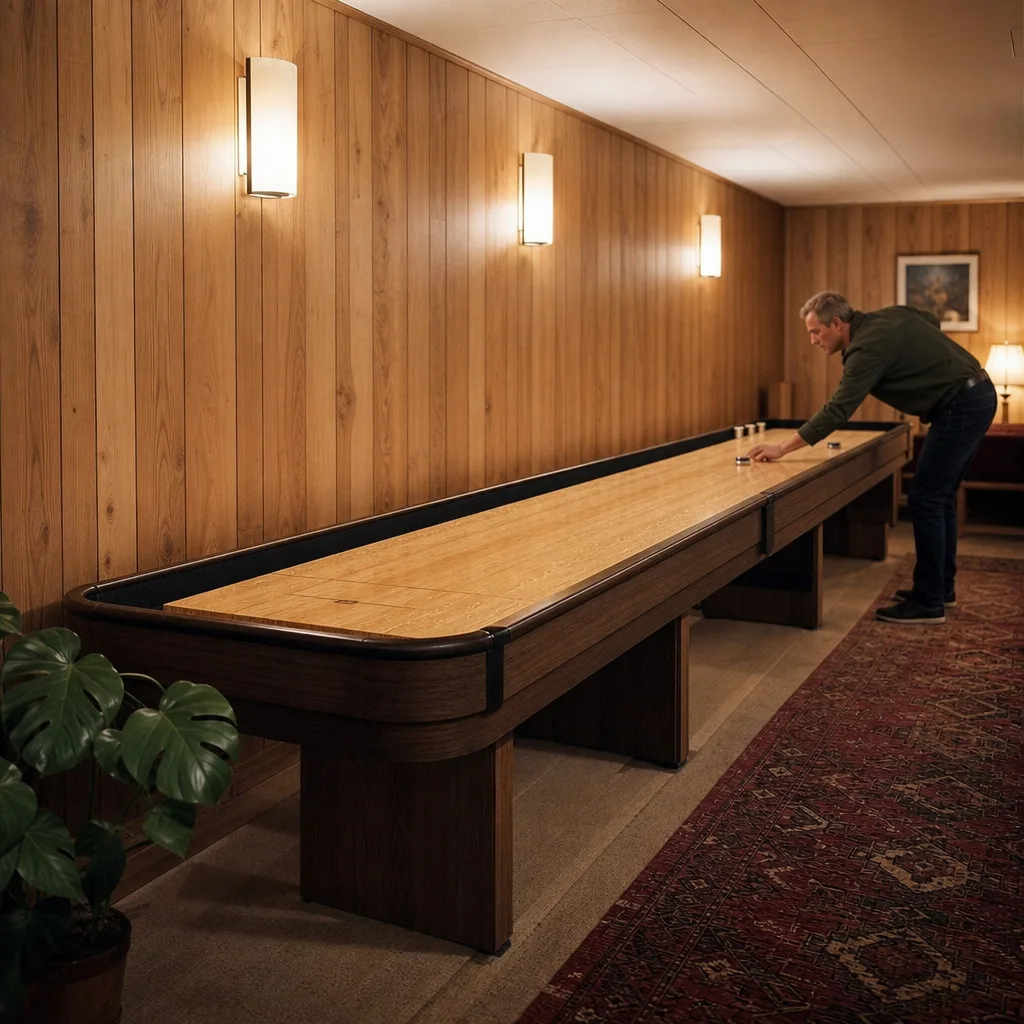 Ett långt shuffleboardbord i en träpanelklädd källare med mjuk belysning