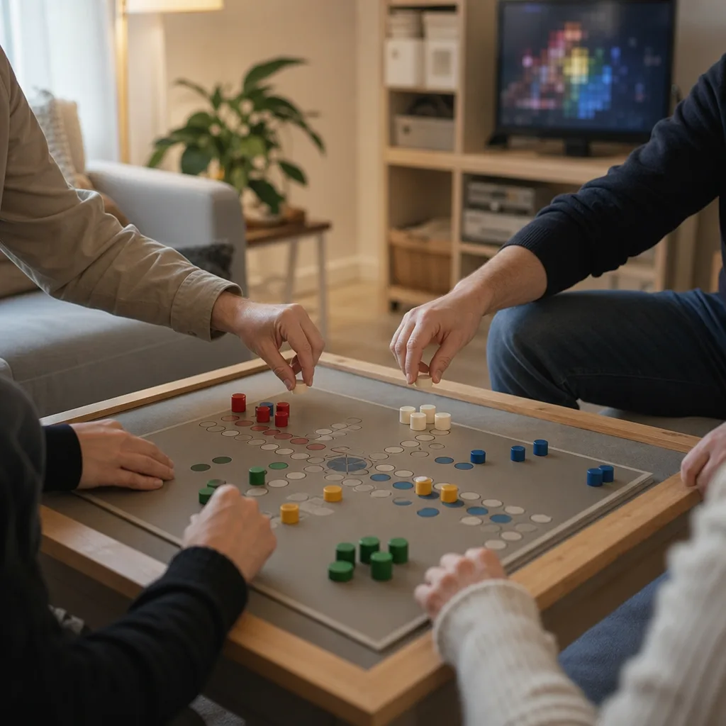 Barn och förälder spelar vid ett litet spelbord i ett hemmavardagsrum