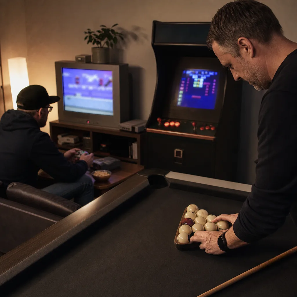 Tungt air hockey-bord i ett inrett vuxenspelrum med sittplatser runt om