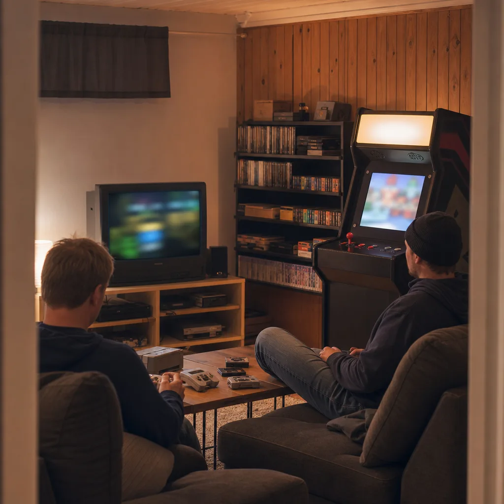 Ett ljust spelrum med spelbord, TV-hörna och en hylla fylld med retrospel
