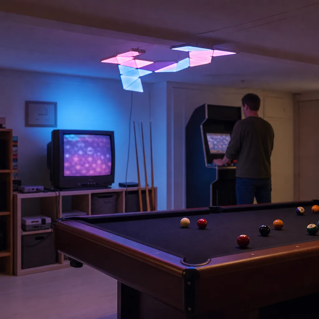 En upplyst gamingskylt hänger på väggen bredvid en hylla med spelkassetter