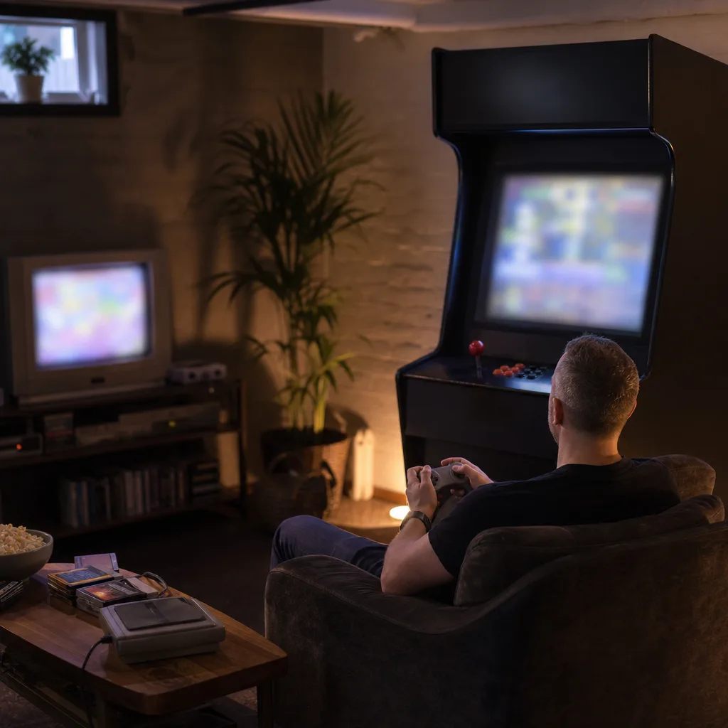Vuxet spelrum med air hockey-bord, skärmvägg och en belyst samlarhylla