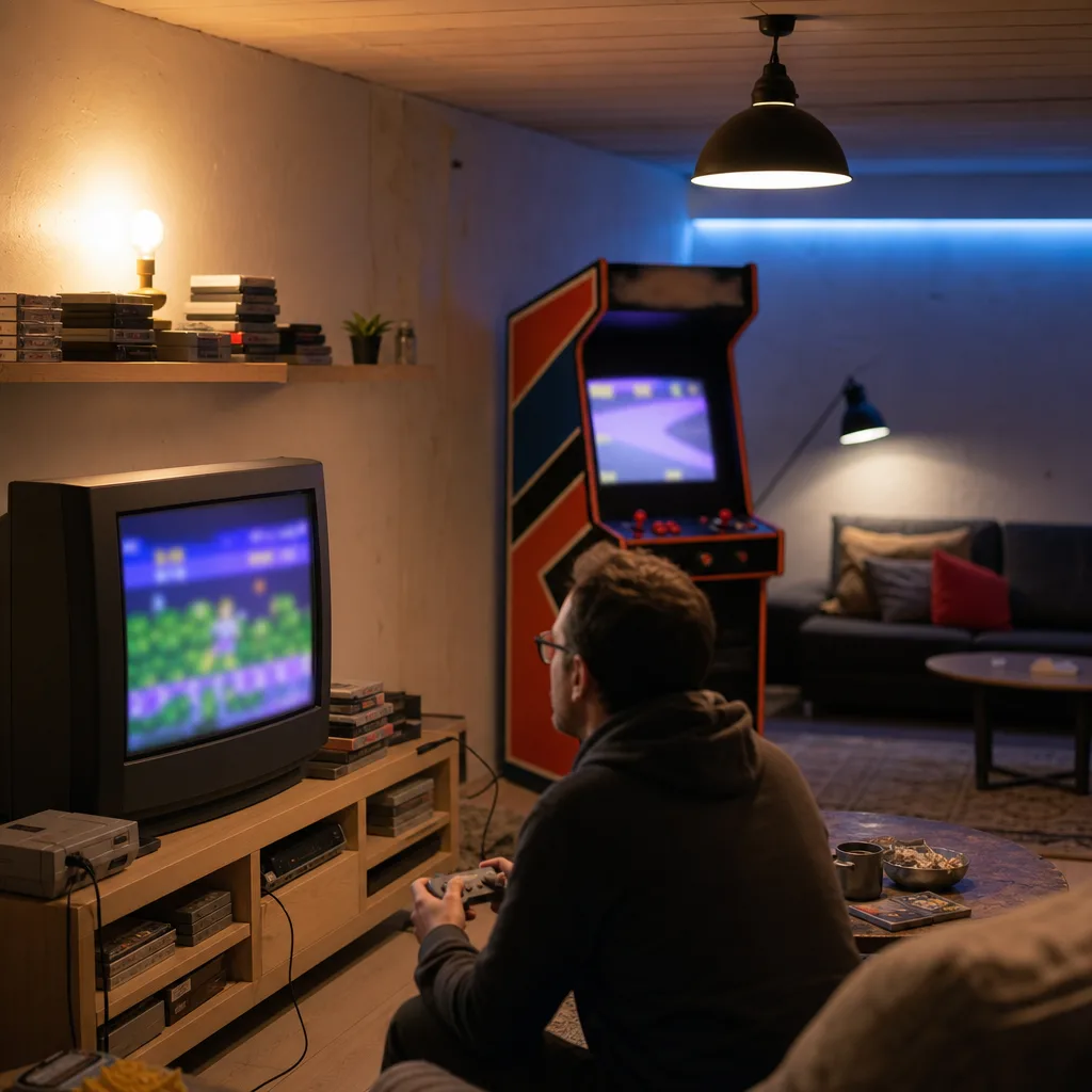 Indirekt ljuslist bakom en TV skapar ett mjukt bakgrundsljus i ett spelrum