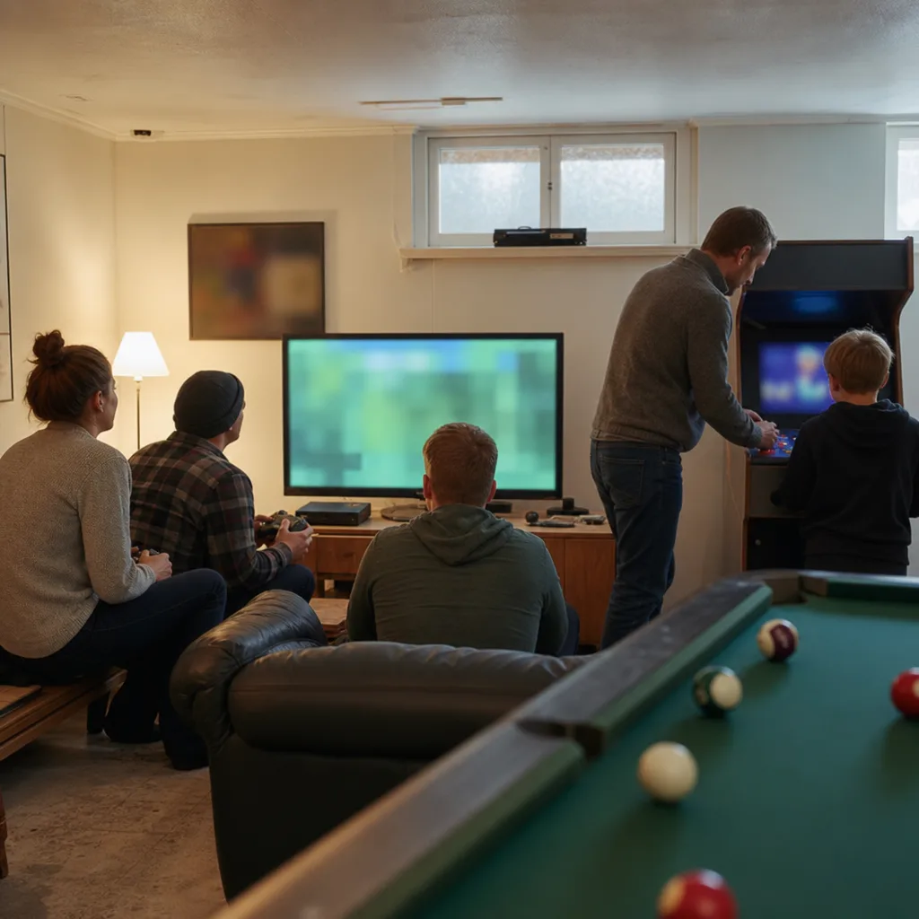 Familjespelrum med bordfotboll, en TV-hörna och färgglada förvaringslådor för sällskapsspel