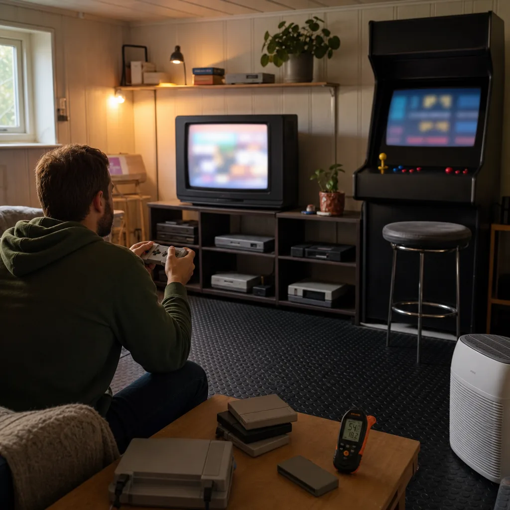 En källare med spelhylla och TV där förvaringen står upplyft från golvet