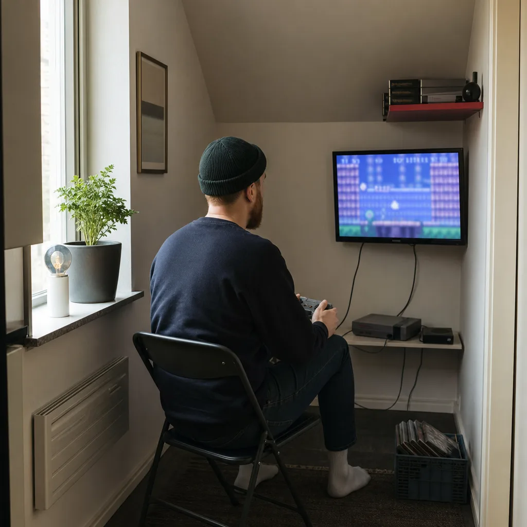 Liten spelhörna i ett vardagsrum med väggmonterad förvaring och ett kompakt airhockeybord