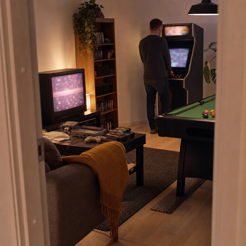 Ett spelrum med spelbord, arkadskåp och TV placerade med gott om plats runt om