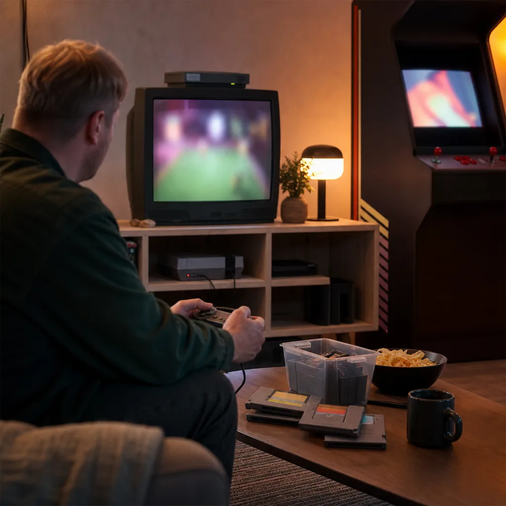 Retrokonsol, handkontroller och ett litet arkadskåp uppställda i ett varmt upplyst spelrum