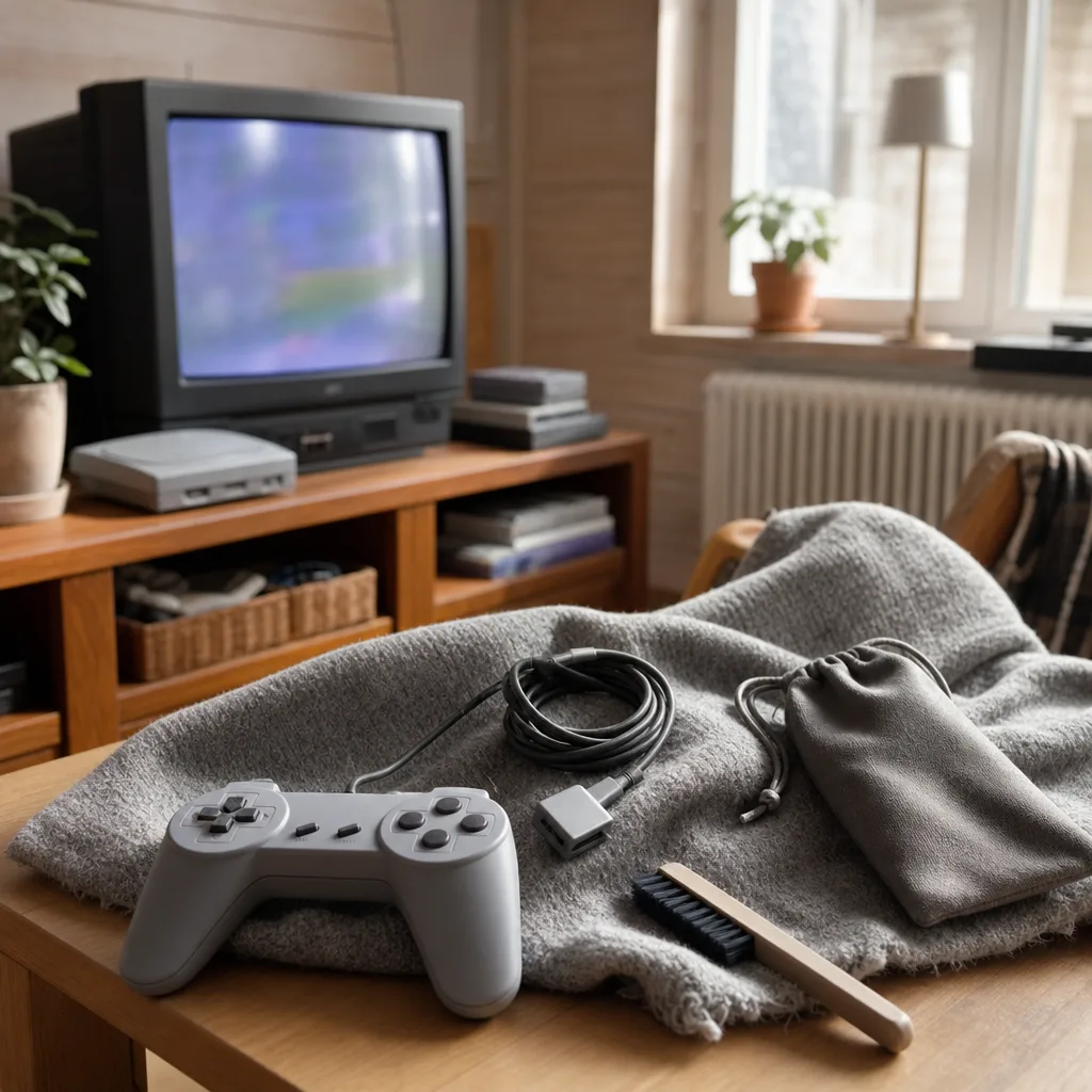 Handkontroller, SCART-kabel och HDMI-adapter uppradade bredvid en tv