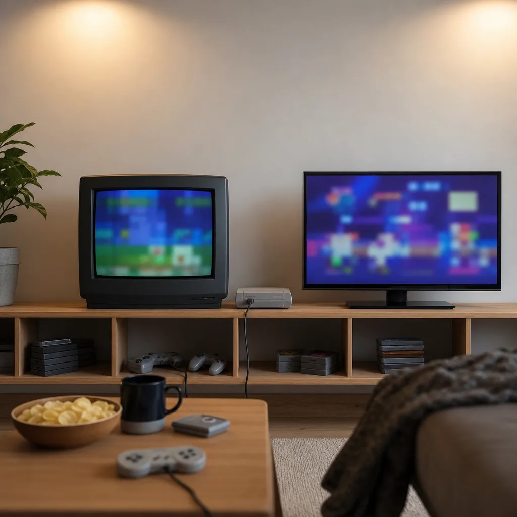 CRT-tv och modern platt-tv sida vid sida med en retrokonsol