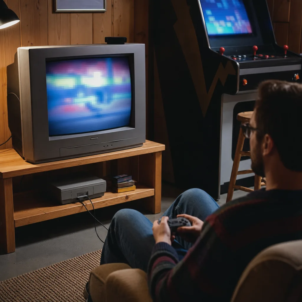 Begagnad CRT-tv med SCART-kablar inkopplade i en spelhörna