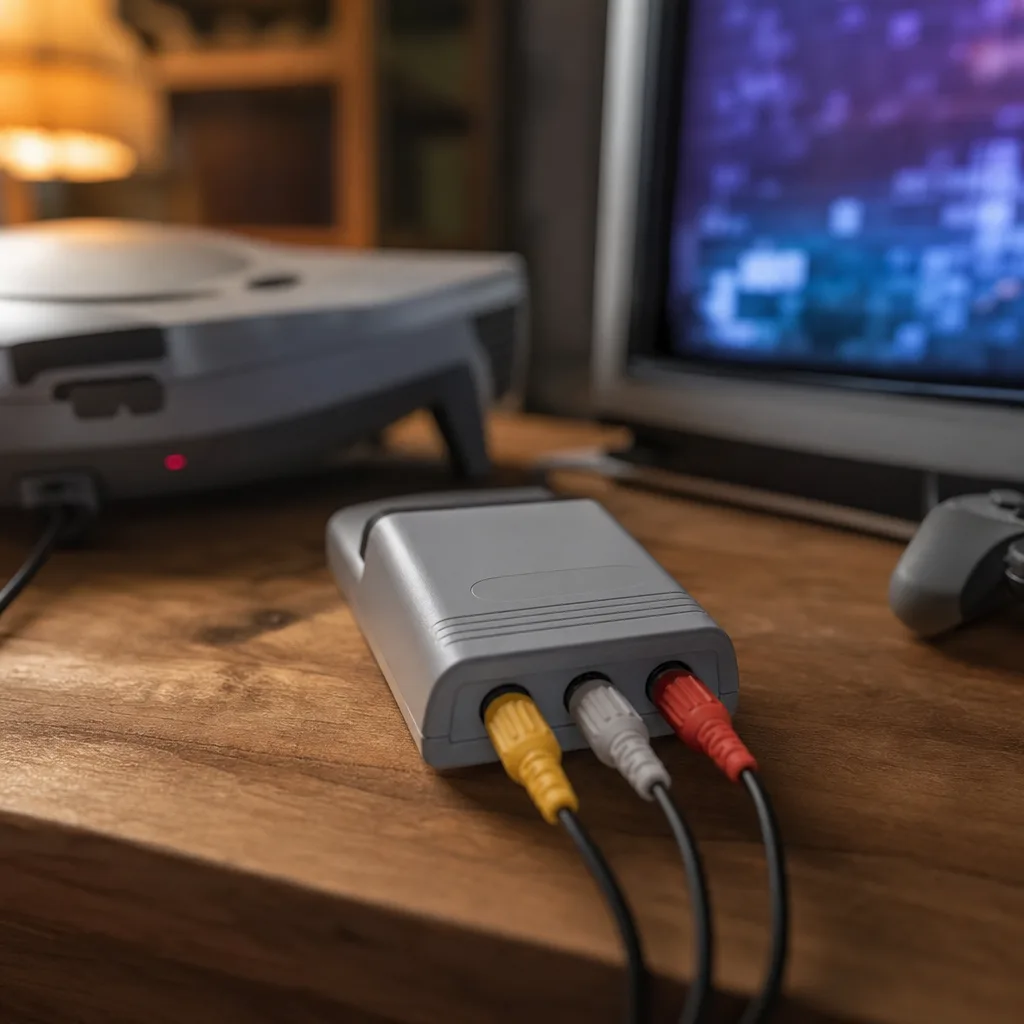 Gula, röda och vita RCA-kablar kopplade till en komposit-till-HDMI-omvandlare