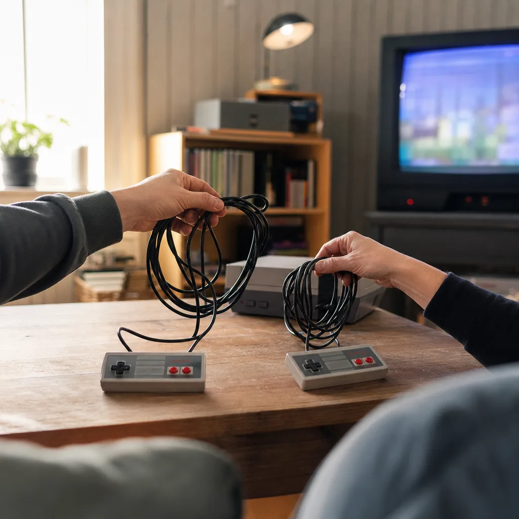 Grå NES-handkontroll med gråa knappar bredvid en spelkonsol
