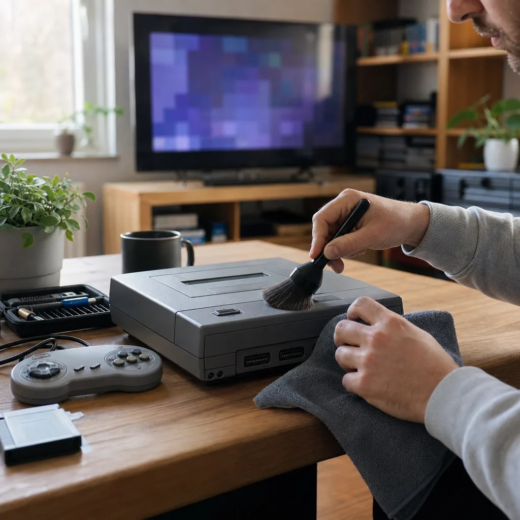 Retrokonsol och spelkassett rengörs varsamt med mjuk trasa