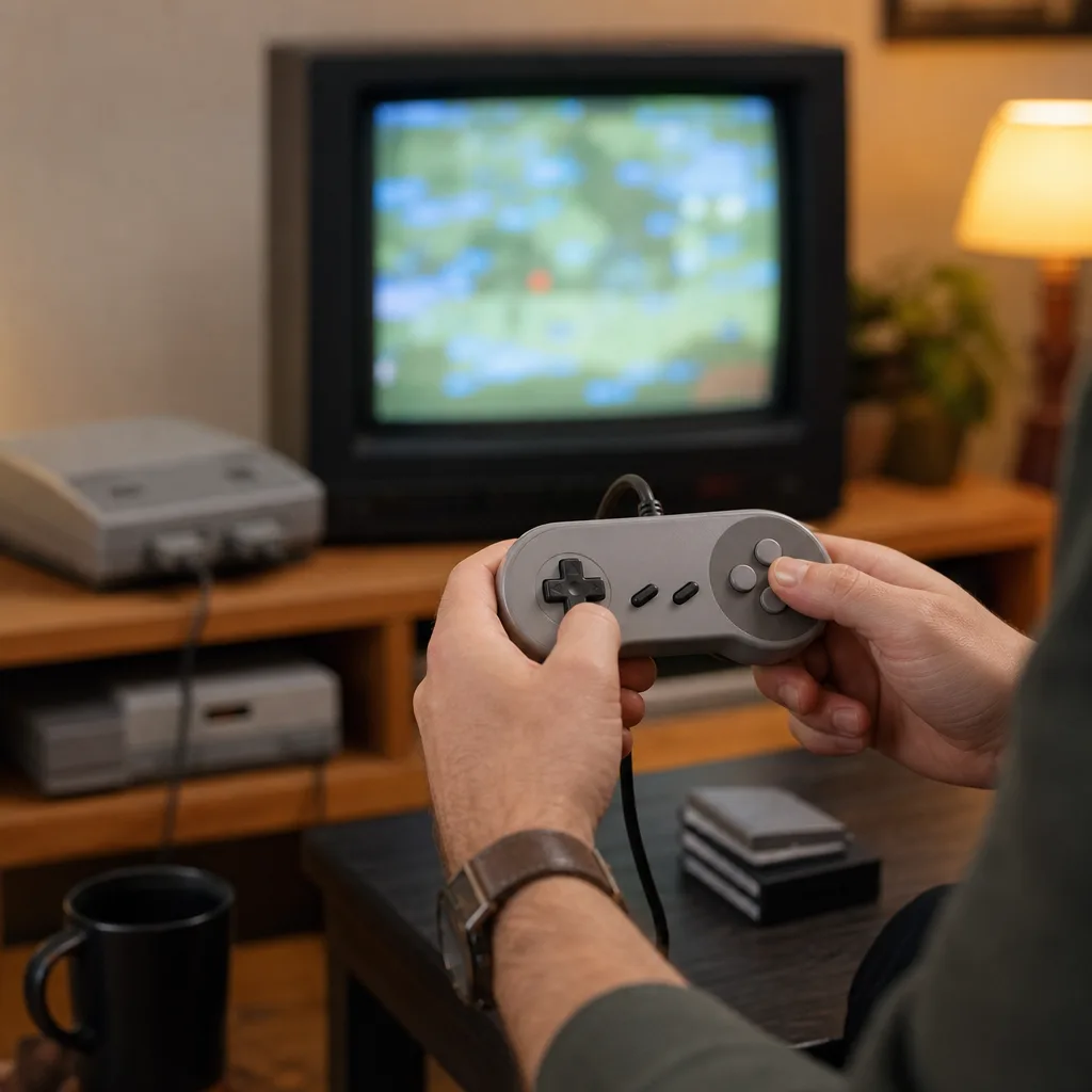 Retro handkontroll bredvid en öppen spelkonsol på ett bord