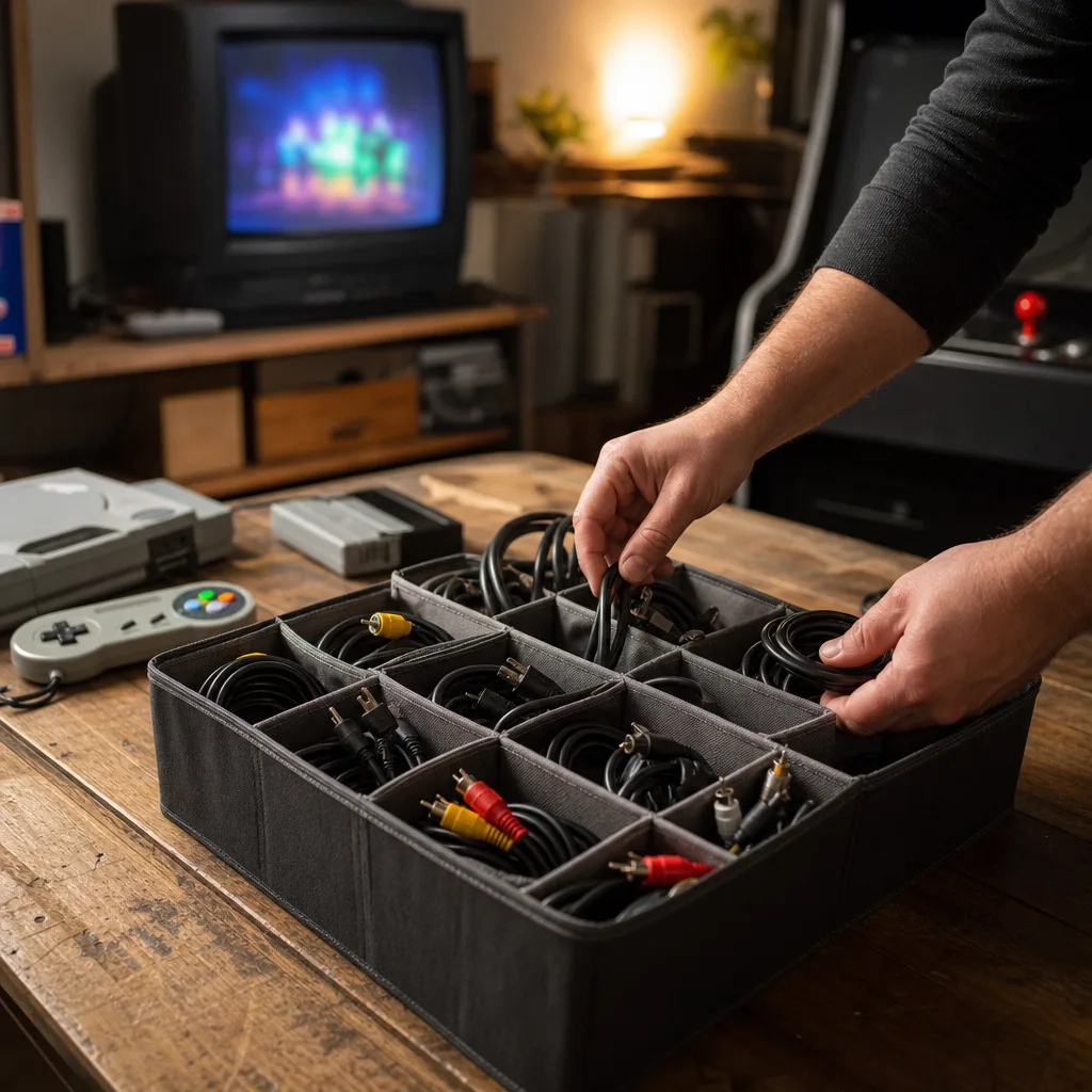 Flera SCART- och kompositkablar bredvid en retrokonsol