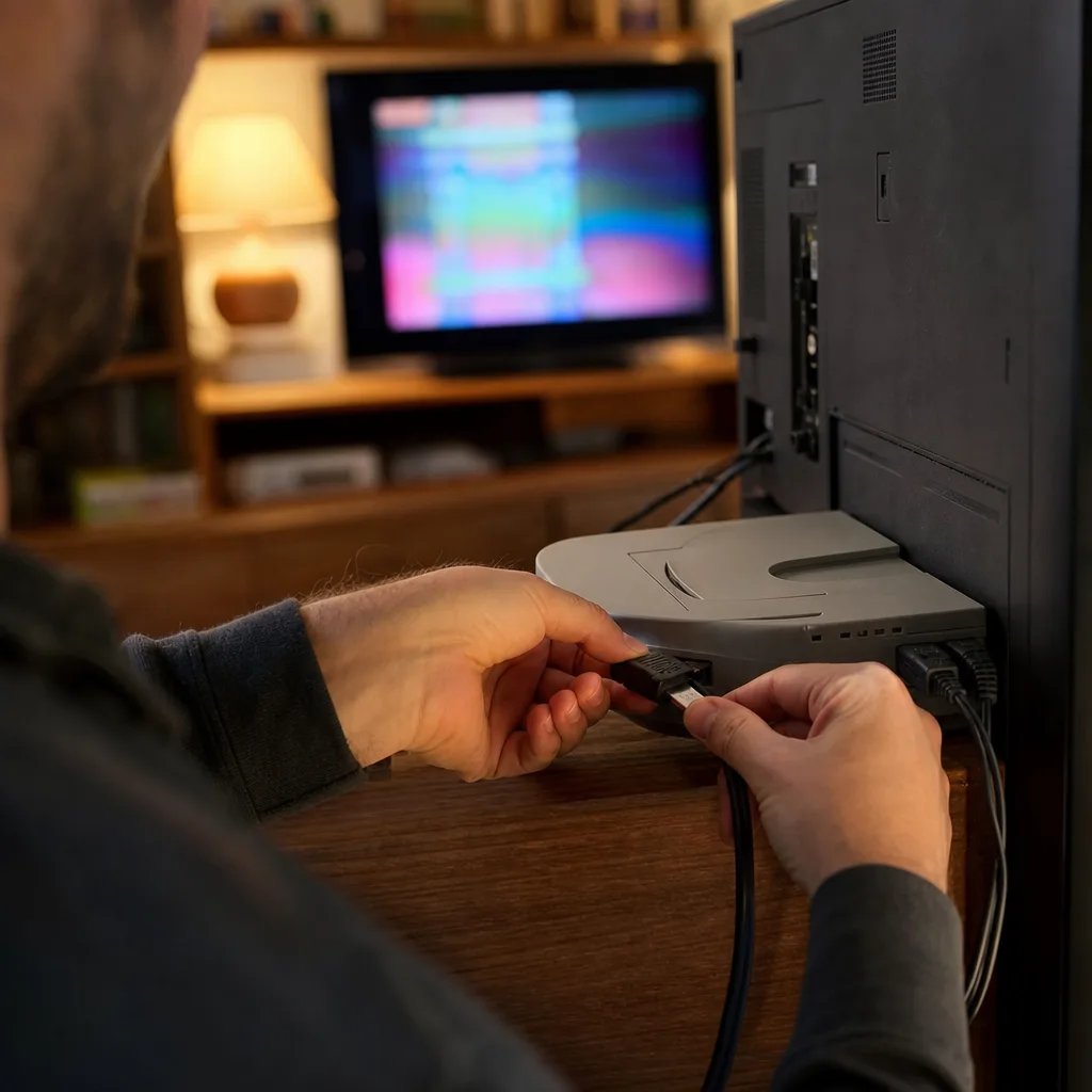 Retrokonsol ansluten med flera videokablar framför en modern tv