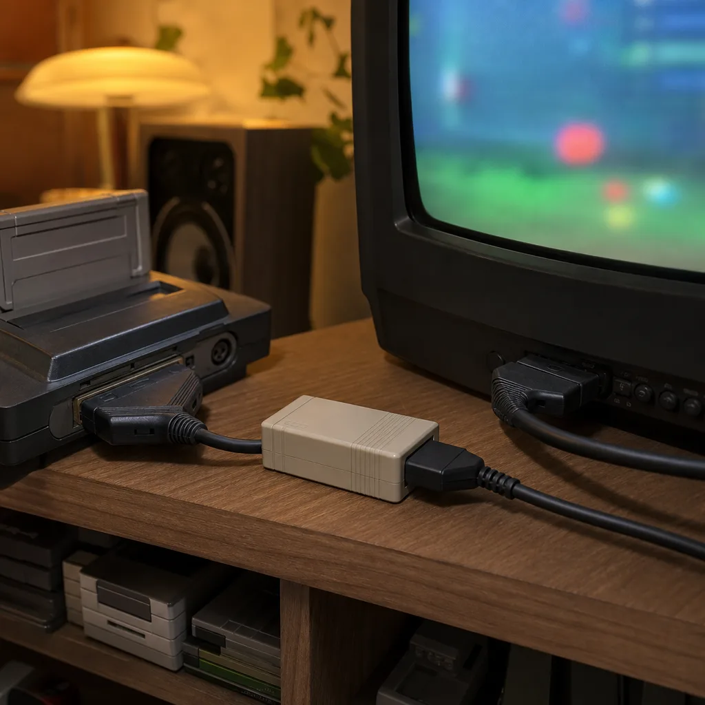SCART till HDMI-adapter med kablar kopplade framför en tv