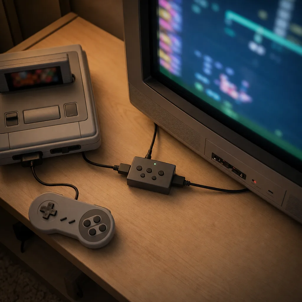 Liten bildprocessor kopplad mellan en retrokonsol och en modern TV